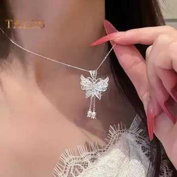 Ожерелье с бабочкой в виде цветка и кисточки для женщин, серебряная бабочка с цветочным кулоном, ювелирное украшение в подарок для матери, жены, подруги серебряный