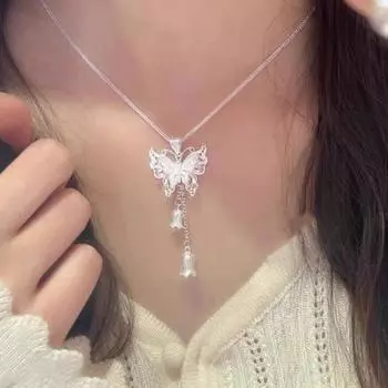 Ожерелье с бабочкой в виде цветка и кисточки для женщин, серебряная бабочка с цветочным кулоном, ювелирное украшение в подарок для матери, жены, подруги серебряный