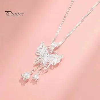 Ожерелье с бабочкой в виде цветка и кисточки для женщин, серебряная бабочка с цветочным кулоном, ювелирное украшение в подарок для матери, жены, подруги серебряный