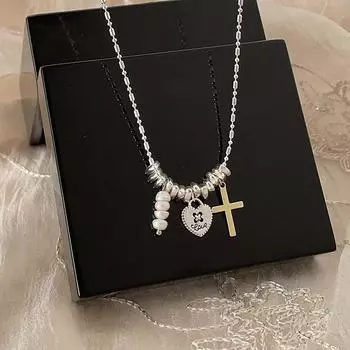 Ожерелье с бахромой из сломанного серебряного металла и жемчуга Love Cross, женская индивидуальность, простота, универсальность, темперамент, цепочка на ключицу