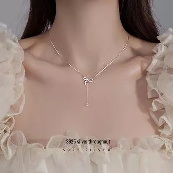 Ожерелье с бантом и кисточкой из серебра Banyan Tree S925 - Элегантная цепочка с бабочкой на ключицу NS982 золотой