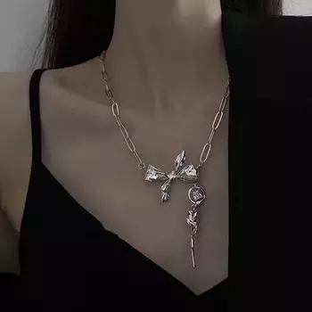 Ожерелье с бантом и розой, легкая роскошная нишевая цепочка на ключицу, ювелирные изделия, элитный дизайн, женские милые крутые аксессуары Tide