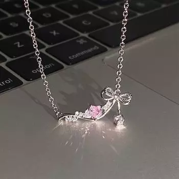 Ожерелье с бантом из розового циркония для женщин и девочек, элегантное, для вечеринки, подвеска, цепочка, аксессуары для вечеринок onesize