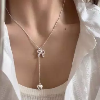 Ожерелье с бантом, серебряное ожерелье с кулоном в форме сердца, женское простое ювелирное украшение, подарок для свиданий, повседневной одежды, банкета, работы, вечеринки серебряный