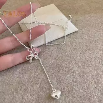 Ожерелье с бантом, серебряное ожерелье с кулоном в форме сердца, женское простое ювелирное украшение, подарок для свиданий, повседневной одежды, банкета, работы, вечеринки серебряный