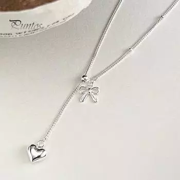 Ожерелье с бантом, серебряное ожерелье с кулоном в форме сердца, женское простое ювелирное украшение, подарок для свиданий, повседневной одежды, банкета, работы, вечеринки серебряный