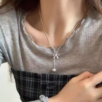 Ожерелье с бантом, серебряное ожерелье с кулоном в форме сердца, женское простое ювелирное украшение, подарок для свиданий, повседневной одежды, банкета, работы, вечеринки серебряный