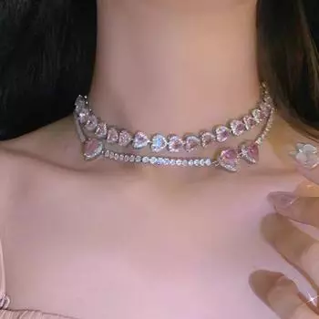 Ожерелье с блестящим розовым сердечком и кристаллом циркона, ювелирные изделия, роскошное красочное ожерелье с кристаллами, аксессуары для тела
