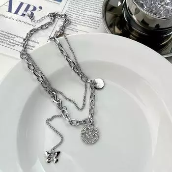 Ожерелье с бриллиантами и бабочкой-смайликом, женская модная интернет-цепочка знаменитостей на ключицу, двухслойное ожерелье на свитер