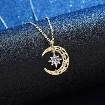 Ожерелье с бриллиантами из муассанита, 14-каратное розовое золото, 925 пробы, серебряное ожерелье с подвеской в виде луны и звезды для женщин и девушек, ювелирные украшения 45cm