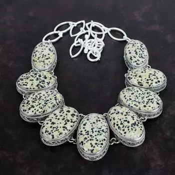 Ожерелье с драгоценным камнем далматинская яшма, винтажные ювелирные изделия, серебро 925 пробы, регулируемое ожерелье-цепочка, ручная работа, уникальный стиль, подарок для нее