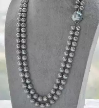ОЖЕРЕЛЬЕ С ДВУМЯ НИТЬЮ 9–10 мм, НАТУРАЛЬНОЕ ОЖЕРЕЛЬЕ С СЕРЫМ ЖЕМЧУГОМ ЮЖНОГО МОРЯ, 19–20 ДЮЙМОВ