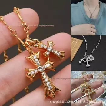 Ожерелье с двойным крестом Kroko из стерлингового серебра 925 пробы с бриллиантами — модная ретро-модель для пары Double Cross White Gold Pearl Necklace белый