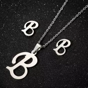 Ожерелье с гальваническим покрытием из нержавеющей стали, яркие цвета, модные ожерелья с 26 буквами, серьги-гвоздики B Set серебряный