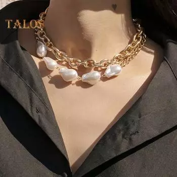 Ожерелье с геометрической застежкой из искусственного жемчуга в стиле пэчворк. Модная однослойная короткая цепочка для свитера. Легкий дизайн. Идеальный подарок для женщин и девочек. золотистый