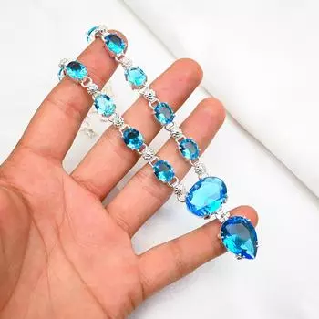 Ожерелье с голубым топазом, драгоценные камни, ожерелье из чистого серебра 925 пробы, ювелирные изделия ручной работы, ожерелье с камнем по рождению, подарок для него 18 inches синий