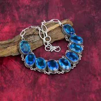 Ожерелье с голубым топазом, ожерелье из чистого серебра 925 пробы, ювелирные изделия ручной работы с драгоценными камнями, подарки для жены, совершенно новое ожерелье Adjustable With 18 Inches синий