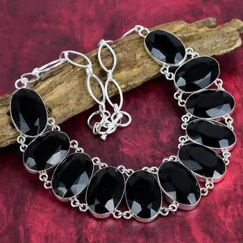Ожерелье с граненой черной шпинелью, ювелирные изделия из драгоценных камней, ожерелье из стерлингового серебра 925 пробы, регулируемая цепочка ручной работы, ювелирные изделия Adjustable with 18 inches чёрный