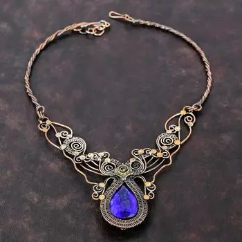Ожерелье с граненым синим сапфиром, медная проволока, ожерелье с драгоценными камнями, ювелирные изделия ручной работы, регулируемое ожерелье, уникальные медные украшения, свадебный подарок