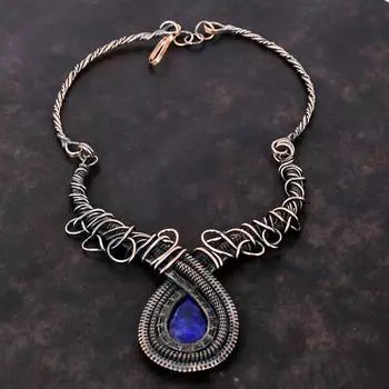 Ожерелье с граненым синим сапфиром, обернутое медной проволокой, ювелирное изделие с драгоценными камнями, регулируемое ожерелье ручной работы, ювелирные изделия для подарка, ожерелье с медной проволокой