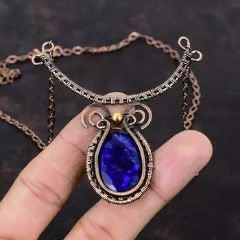 Ожерелье с граненым синим сапфиром, ожерелье из медной проволоки, изящные украшения из драгоценных камней, регулируемое ожерелье, медные украшения ручной работы, свадебный подарок