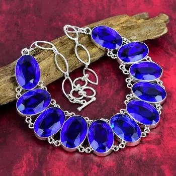 Ожерелье с граненым танзанитом, ожерелье ручной работы из стерлингового серебра 925 пробы с драгоценным камнем, регулируемое ожерелье-цепочка, подарок для антикварных ювелирных изделий Adjustable with 18 inches синий