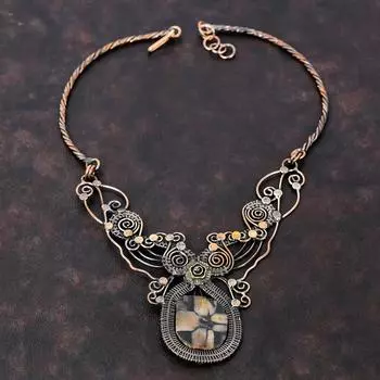 Ожерелье с хиастолитом, обернутое медной проволокой, ожерелье высшего качества, ювелирные изделия из драгоценных камней, регулируемое ожерелье ручной работы, ювелирное изделие из медной проволоки, подарок для нее