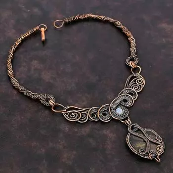 Ожерелье с хиастолитом, ожерелье из медной проволоки, ювелирные изделия из натуральных драгоценных камней, ожерелье из радужного лунного камня, медные украшения ручной работы, подарок для женщин