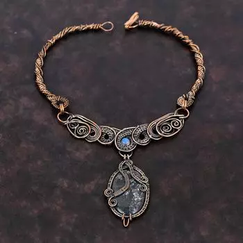 Ожерелье с хризантемой, медная проволока, ожерелье с лунным камнем, ожерелье с драгоценными камнями, хризантема, медные украшения, ожерелье ручной работы, подарок для мамы