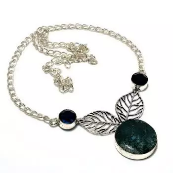 Ожерелье с индийским моховым агатом, голубым топазом, посеребренным камнем 925 пробы, 18 дюймов 18 зелёный