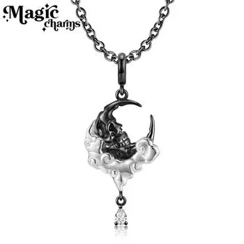 Ожерелье с изображением черепа и луны, стерлинговое серебро S925, черное золото, индивидуальный универсальный кулон, цепочка на ключицу