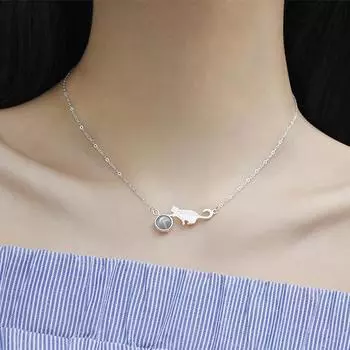 Ожерелье с камнем Cat Moonlight для женщин, 100% стерлинговое серебро 925 пробы, ювелирные изделия, подвеска на ключицу, цепочка, амулеты, подарок 42cm