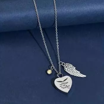 Ожерелье с камнем-сердцем с символом рожденных с января по декабрь и крыльями ангела, место для хранения костяного пепла B