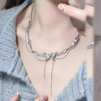 Ожерелье с кисточками «Голубая бабочка»: Элегантная цепочка на ключицу для женщин с легкой роскошью и изысканным темпераментом. Dream Butterfly Necklace синий