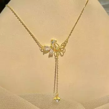 Ожерелье с кисточками и двойной бабочкой, легкая роскошная цепочка на ключицу, простая нишевая изысканная маленькая цепочка для свитера