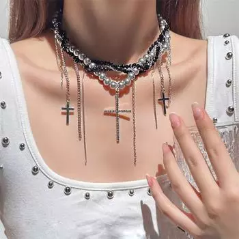 Ожерелье с кисточками и жемчугом Entangle Женское колье-чокер Регулируемое ожерелье с подвеской в виде креста для девочек чёрный