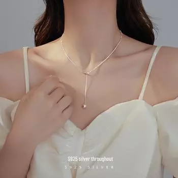 Ожерелье с кисточками из серебра 925 пробы Banyan Tree: Элегантная цепочка на ключицу с квадратными и круглыми бусинами для женщин NS1012, S925 Silver