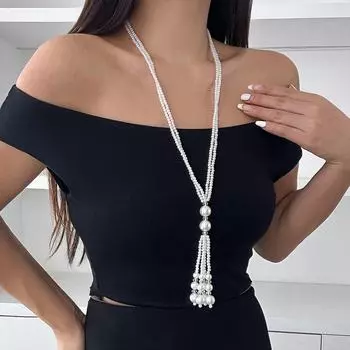Ожерелье с кисточками из жемчуга в европейском и американском стиле: Элегантная длинная цепочка на ключицу с бусинами и кристаллами