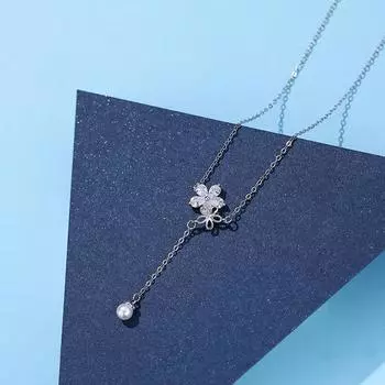 Ожерелье с кисточкой и цветущей вишней, женственность, простота, мода, искусственный жемчуг, цветок, нержавеющая сталь, цепочка на ключицу, легкая роскошь