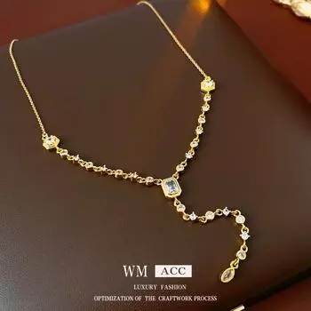 Ожерелье с кисточкой из овального циркония с гальваническим покрытием по золотому цвету — легкая корейская роскошь, высококачественная цепочка для свитера, европейский и американский стиль для женщин Real Gold Electroplating золотой