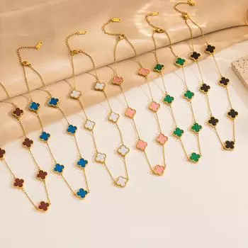 Ожерелье с клевером и 7 цветками, двустороннее ожерелье из перламутра, позолота 18 карат, нелиняющая цепочка на ключицу белый