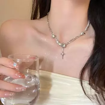 Ожерелье с крестом на ключице со звездой и лунным камнем — легкая роскошь, универсальность, модный стиль X927 серебряный