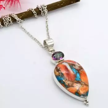 Ожерелье с круглой огранкой и грушей, кабошон из меди, бирюза и мистический топаз, кулон из стерлингового серебра 925 пробы с цепочкой, ювелирные изделия синий/оранжевый