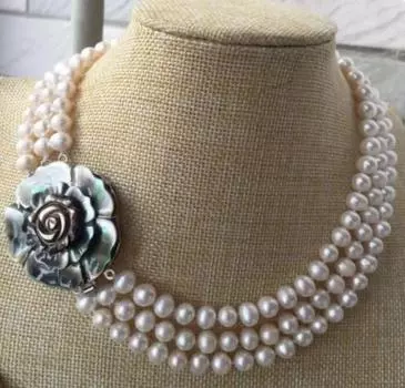 Ожерелье с круглым белым жемчугом из трех нитей диаметром 7–8 мм длиной 16 дюймов, 17 дюймов, 18 дюймов.