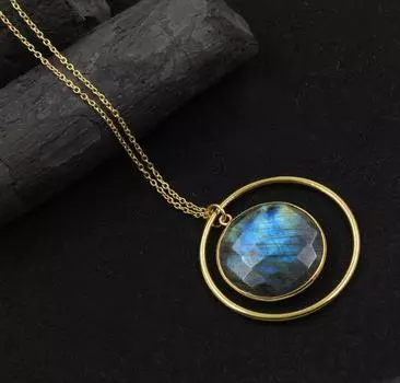 Ожерелье с круглым драгоценным камнем из лабрадорита, твердое серебро 925 пробы, ожерелье из желтого золота, подарок на годовщину дня рождения, очаровательные ювелирные изделия 18 Inch