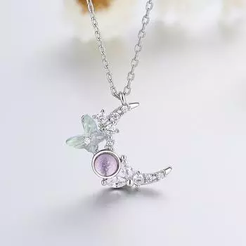 Ожерелье с кулоном Dazzle Crystal Butterfly Dewdrop Moon для женщин, изысканное серебряное ожерелье S925 для девочек, романтические украшения 45cm