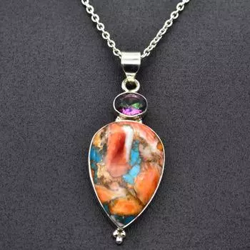 Ожерелье с кулоном из устричной меди, бирюзы, мистического топаза, стерлингового серебра 925 пробы, ювелирные изделия ручной работы серебряный