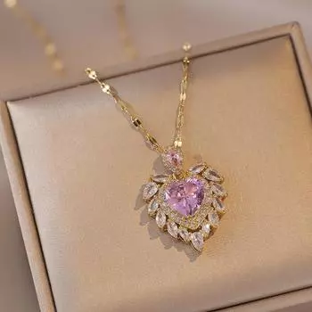 Ожерелье с кулоном в форме сердца из фиолетового циркона для женщин, модное золотого цвета, ожерелья из нержавеющей стали, вечерние ювелирные аксессуары, аксессуары