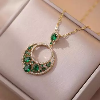 Ожерелье с кулоном в виде геометрического круга для женщин, модное зеленое ожерелье с кубическим цирконием, гипоаллергенная цепочка из нержавеющей стали, ювелирные аксессуары
