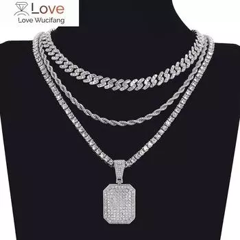 Ожерелье с квадратным кулоном Iced Out с 4 мм цирконом AAA Bling, теннисная цепочка на шею, стразы, ожерелье для женщин и мужчин, колье 40CM